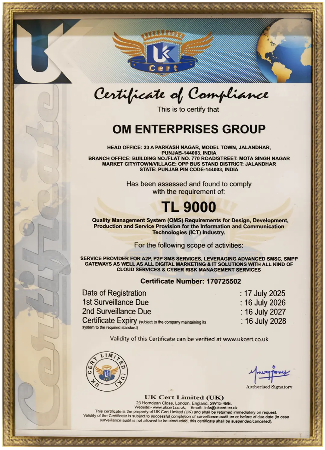OM Enterprises certification