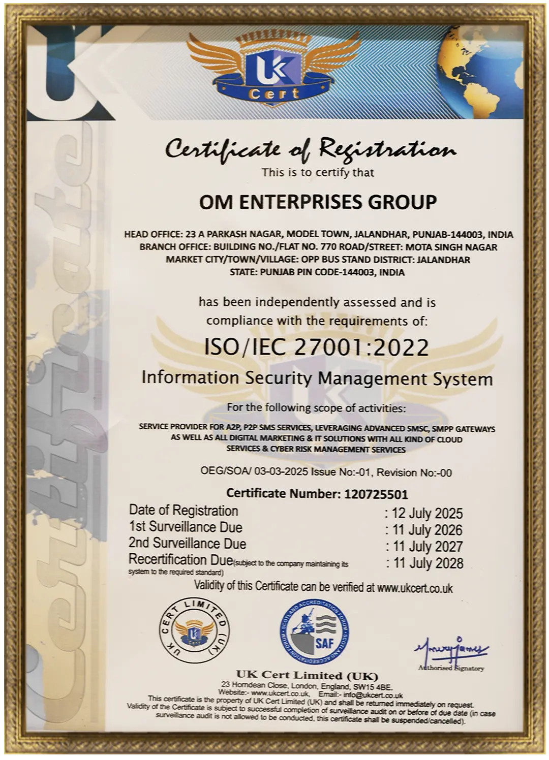OM Enterprises certification