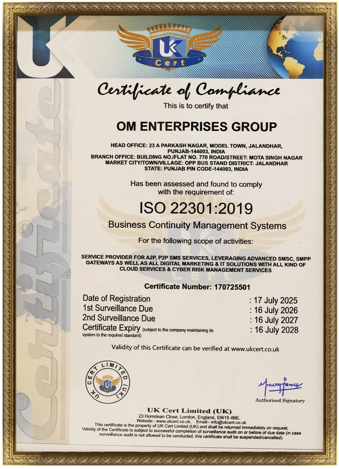 OM Enterprises certification